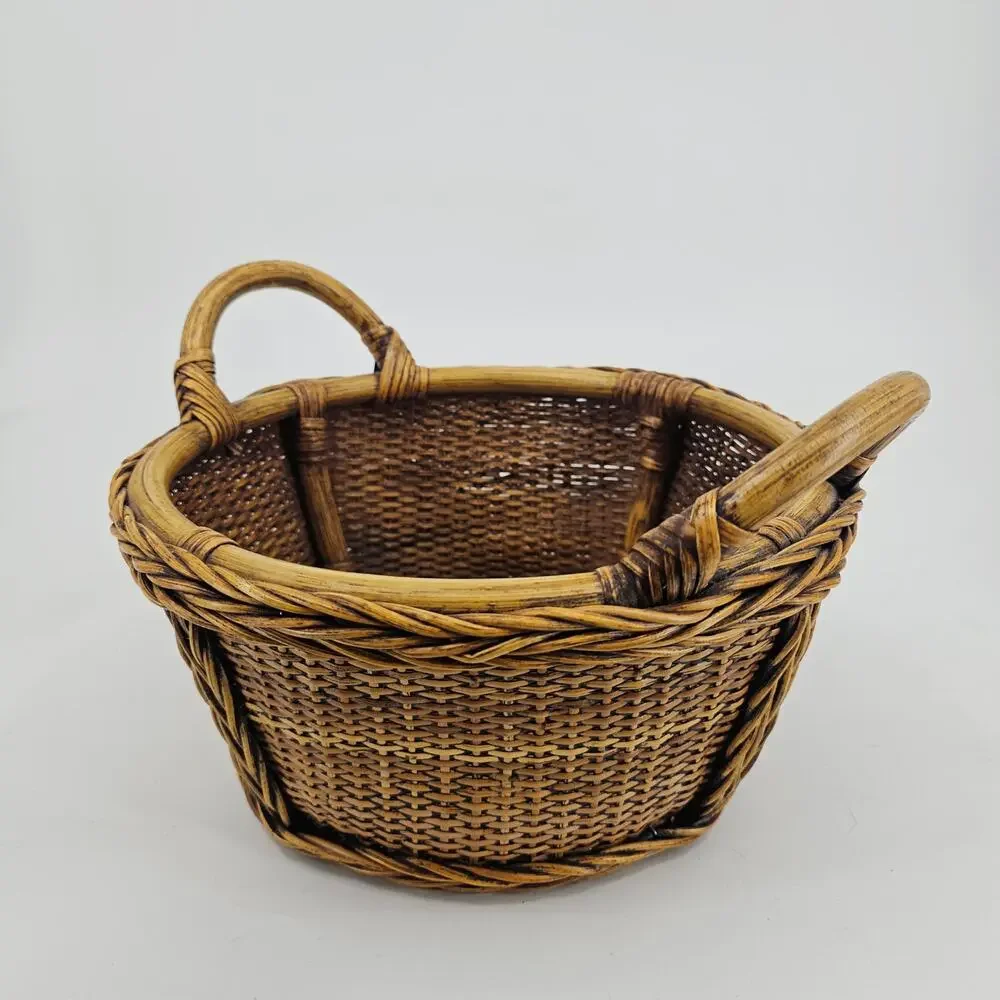 Vintage Boho Hand Woven Rattan Bamboo Wicker Basket w/ Handles Braided Border